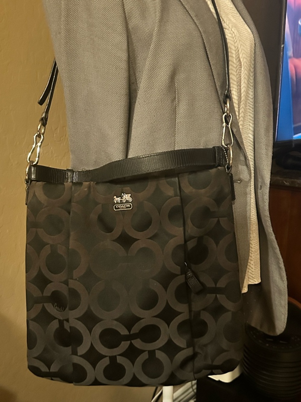 Coach Black and Dark Gray Signature 'C' Shoulder Bag